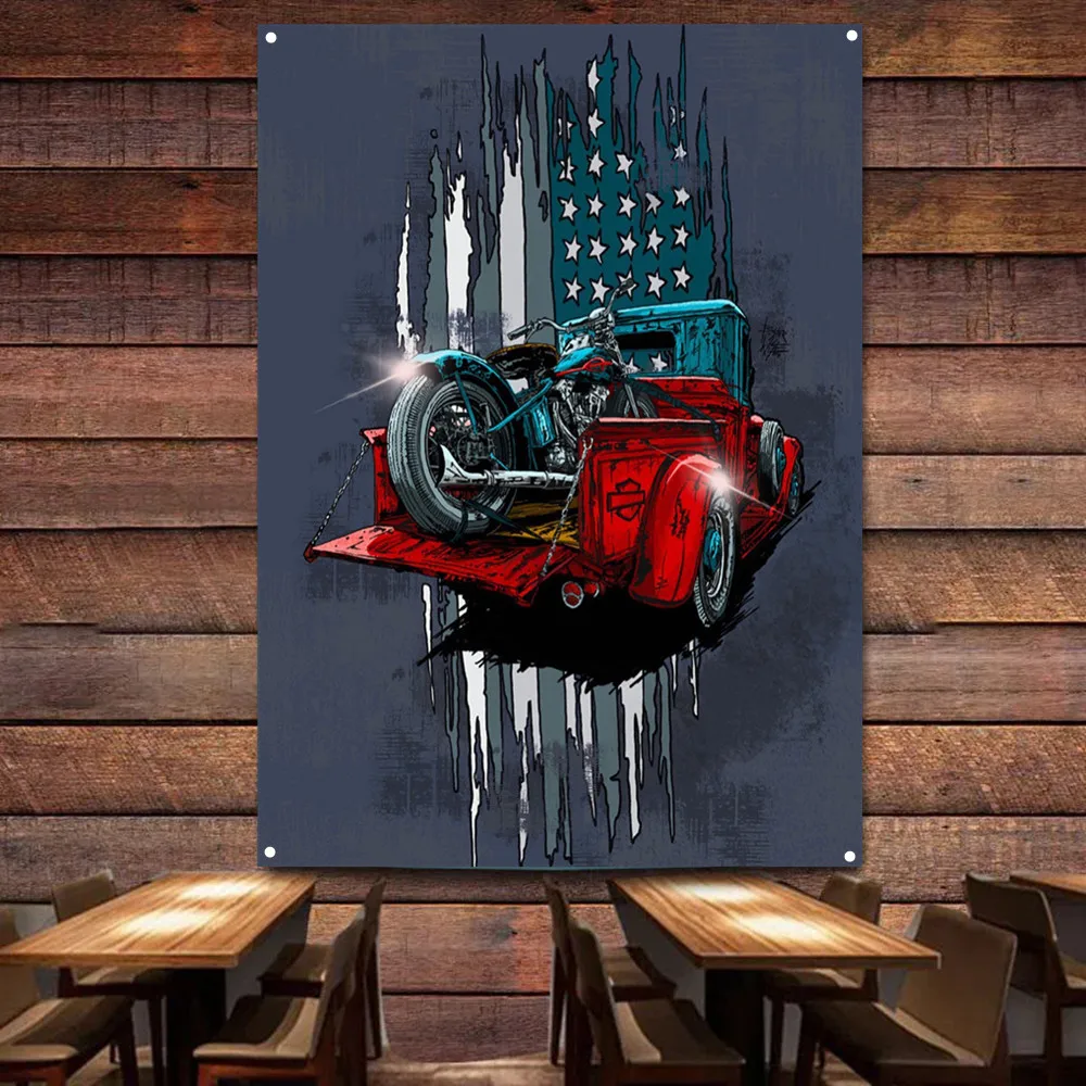 Motorcycle on Car Art Poster W – обзор и цена Auto Repair Shop Banners